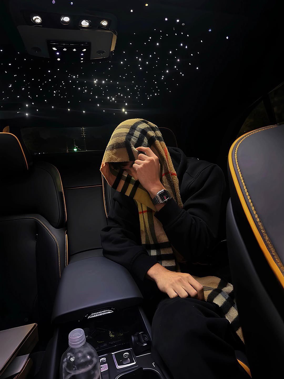 Seated person in a dark luxury interior beneath a starlight roof