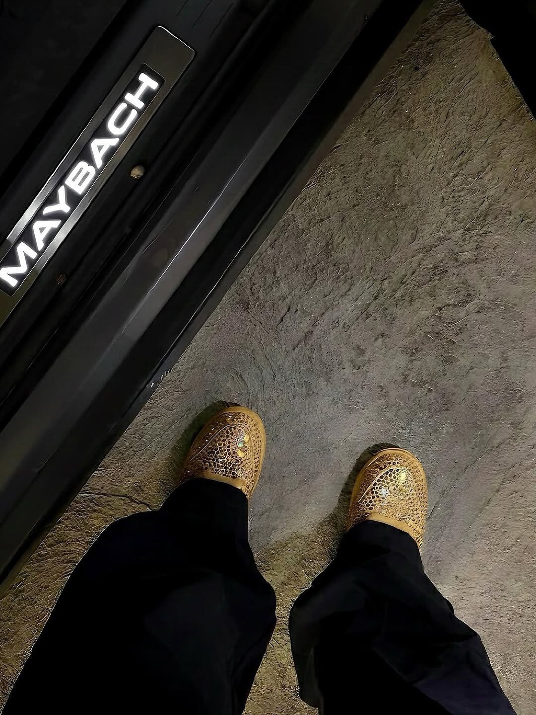 Gold shoes beside an illuminated luxury-car door sill